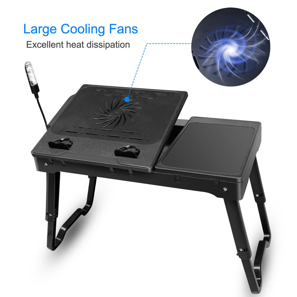 Foldable Laptop Table Bed Notebook Desk w/Cooling Fan Mouse Board LED light 4 x USB Ports Breakfast Snacking Tray with Storage Groove For Home Office Use