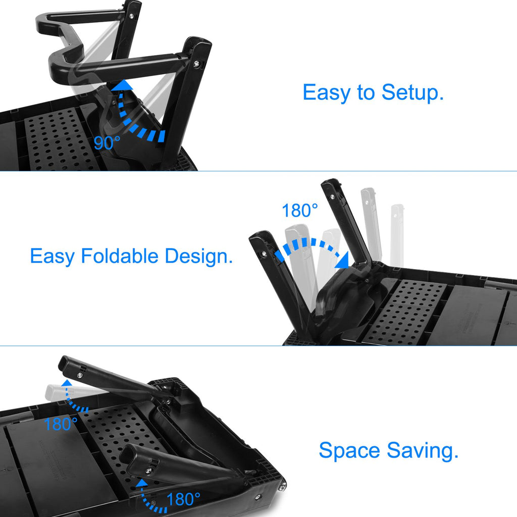 Foldable Laptop Table Bed Notebook Desk w/Cooling Fan Mouse Board LED light 4 x USB Ports Breakfast Snacking Tray with Storage Groove For Home Office Use