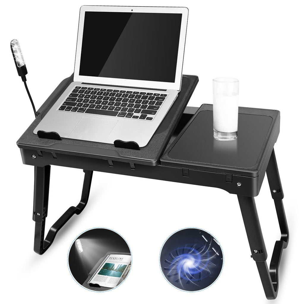 Foldable Laptop Table Bed Notebook Desk w/Cooling Fan Mouse Board LED light 4 x USB Ports Breakfast Snacking Tray with Storage Groove For Home Office Use