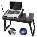 Foldable Laptop Table Bed Notebook Desk w/Cooling Fan Mouse Board LED light 4 x USB Ports Breakfast Snacking Tray with Storage Groove For Home Office Use