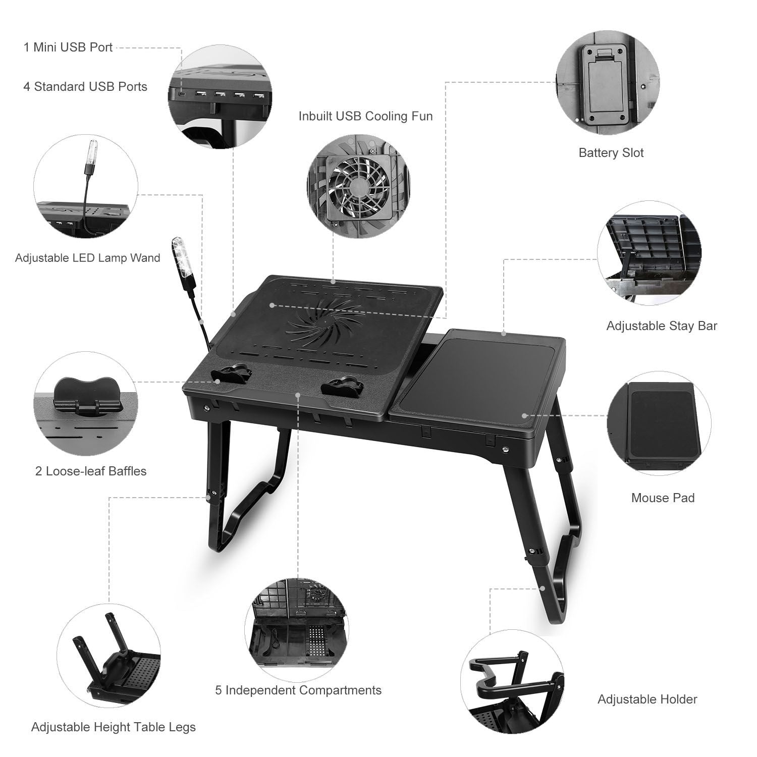 Foldable Laptop Table Bed Notebook Desk w/Cooling Fan Mouse Board LED light 4 x USB Ports Breakfast Snacking Tray with Storage Groove For Home Office Use