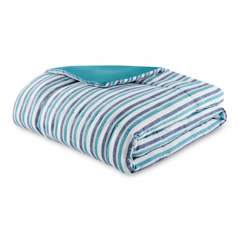 All in One Reversible Comforter and Sheet Set- 7 Piece, Queen, Blue Pinstripe