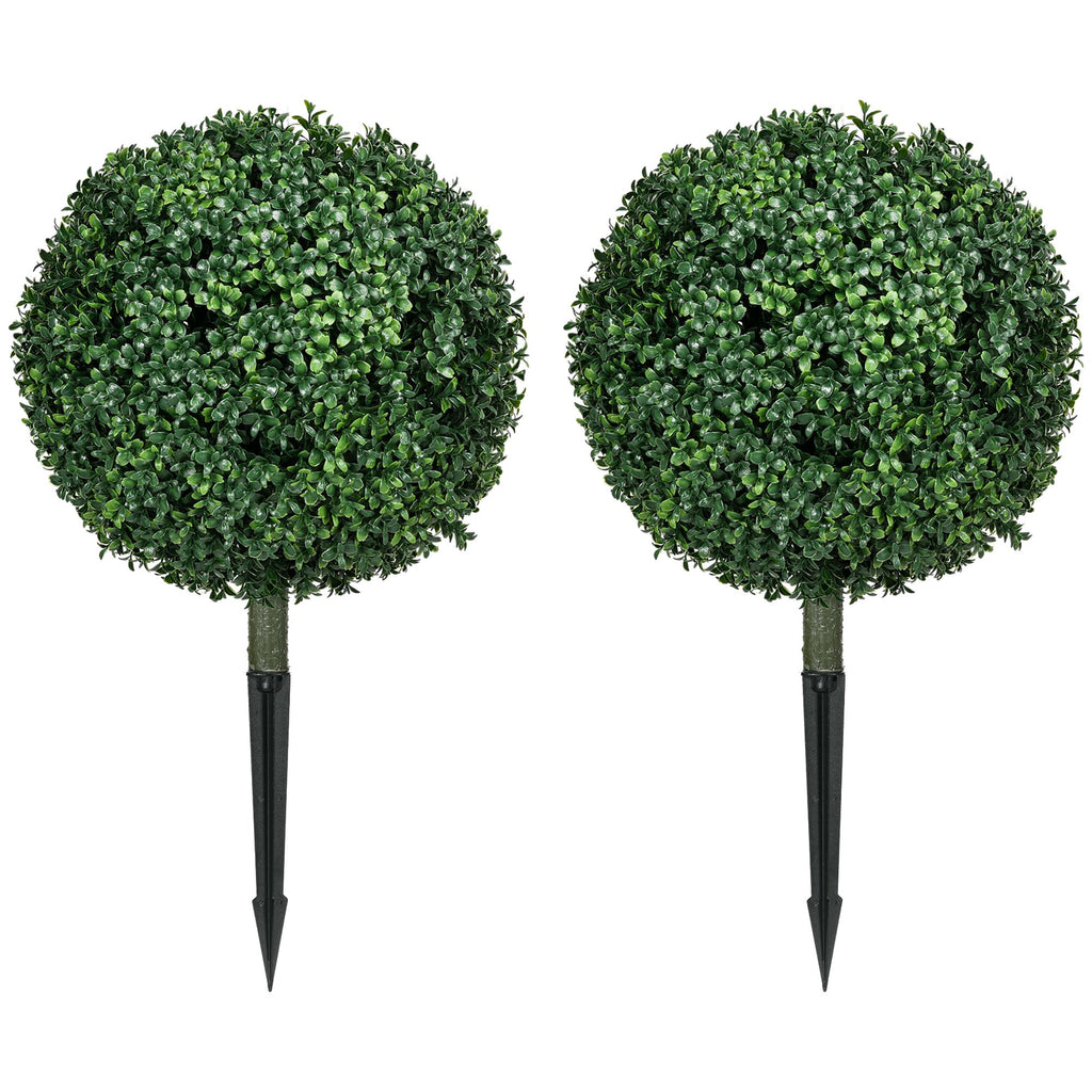 Artificial Boxwood Trees w/ Ground Stake, Set of 2 Ball Shaped Topiary Trees for Home Office & Living Room, UV Resistant