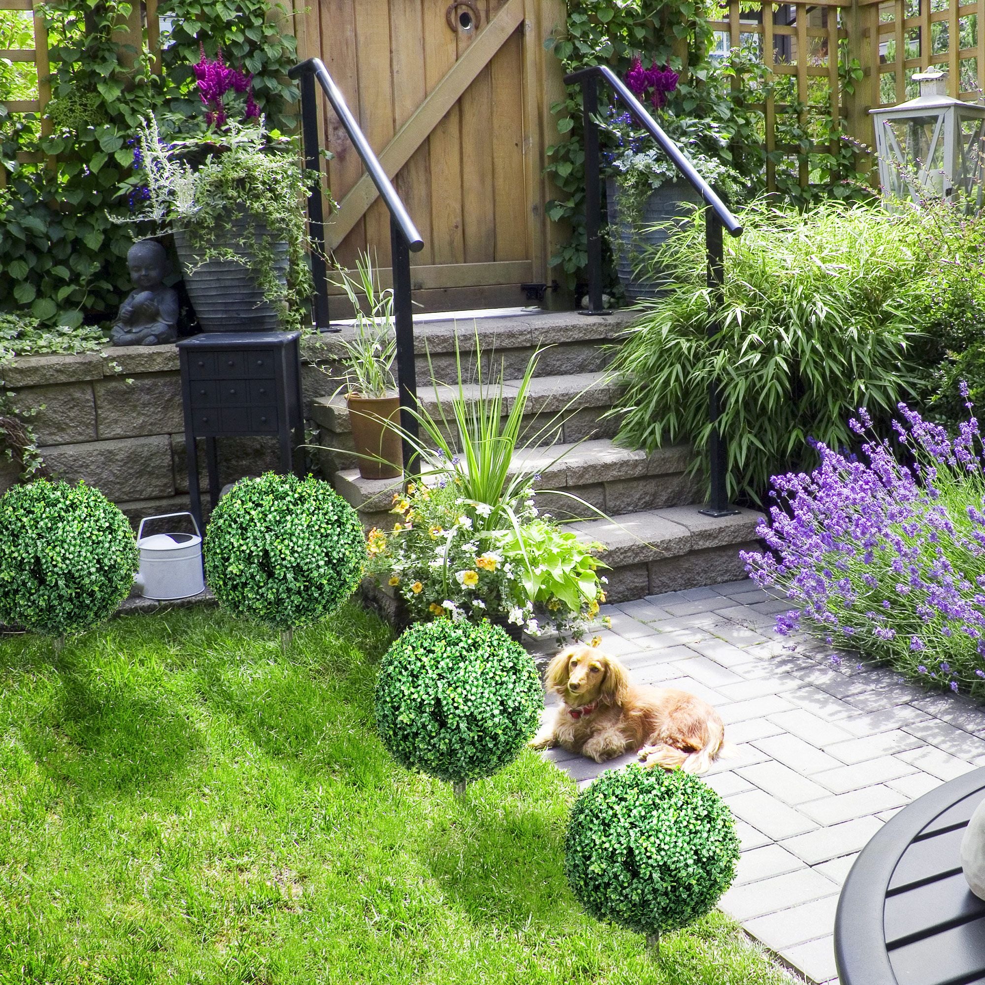 Artificial Boxwood Trees w/ Ground Stake, Set of 2 Ball Shaped Topiary Trees for Home Office & Living Room, UV Resistant