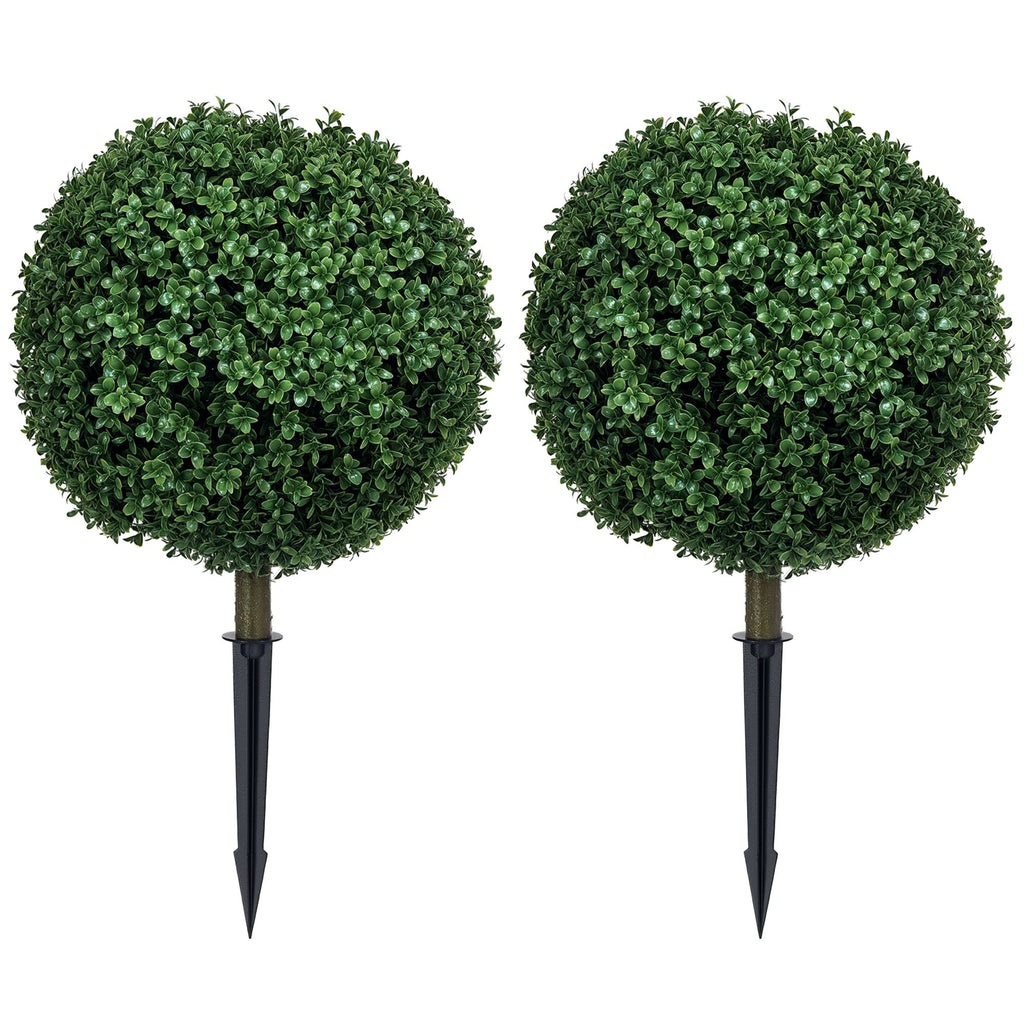 Artificial Boxwood Trees w/ Ground Stake, Set of 2 Ball Shaped Topiary Trees for Home Office & Living Room, UV Resistant