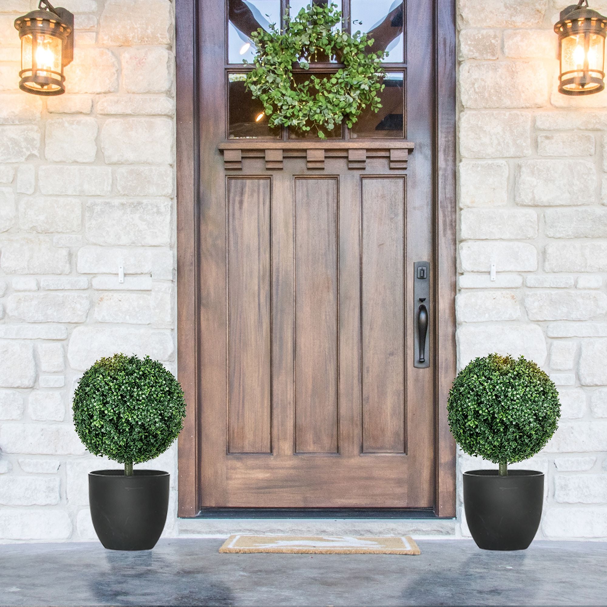 Artificial Boxwood Trees w/ Ground Stake, Set of 2 Ball Shaped Topiary Trees for Home Office & Living Room, UV Resistant