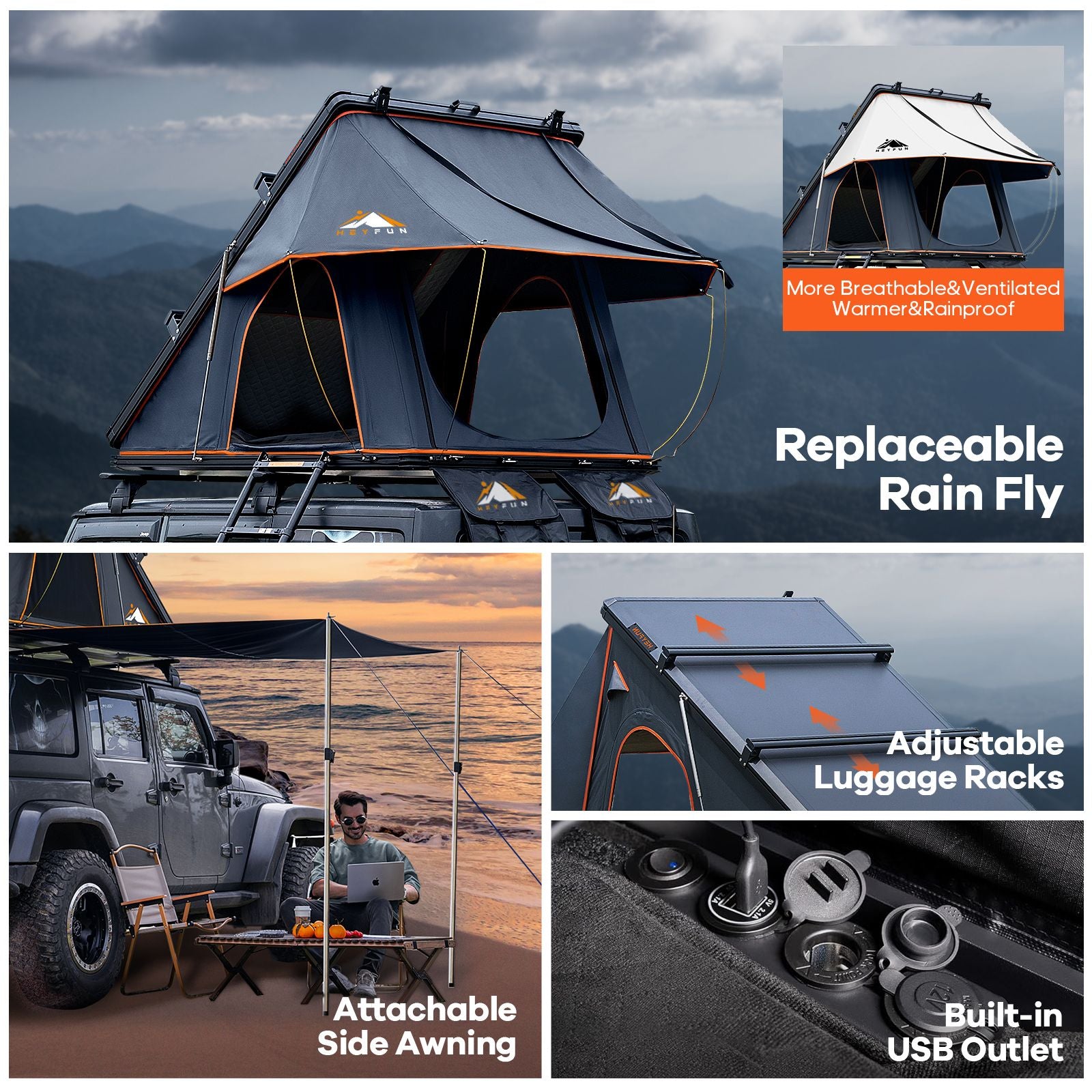 Adventurer Pro Rooftop Tent Hard Shell with USB Outlet, Side Awning, Replaceable Rain Fly&Luggage Racks for 4 Season Camping, Aluminum Pop Up 2-3 Person Roof Top Tent for Truck Jeep SUV Car Van
