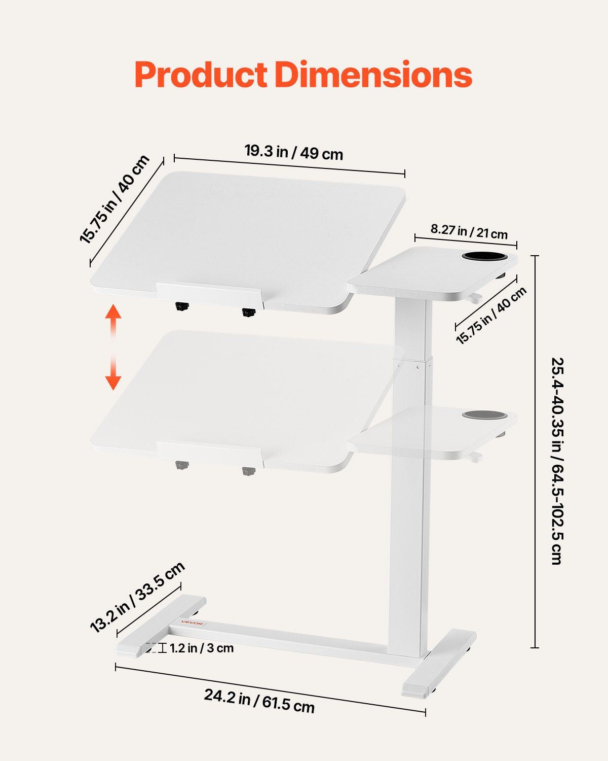 VEVOR Overbed Table, Mobile Bed Side Table with Flip Desktop and 4 Hidden Wheels, Height & Angle Adjustable Rolling Laptop Desk with Cup Holder, Portable Over Bed Desk for Home, Office, Study, White