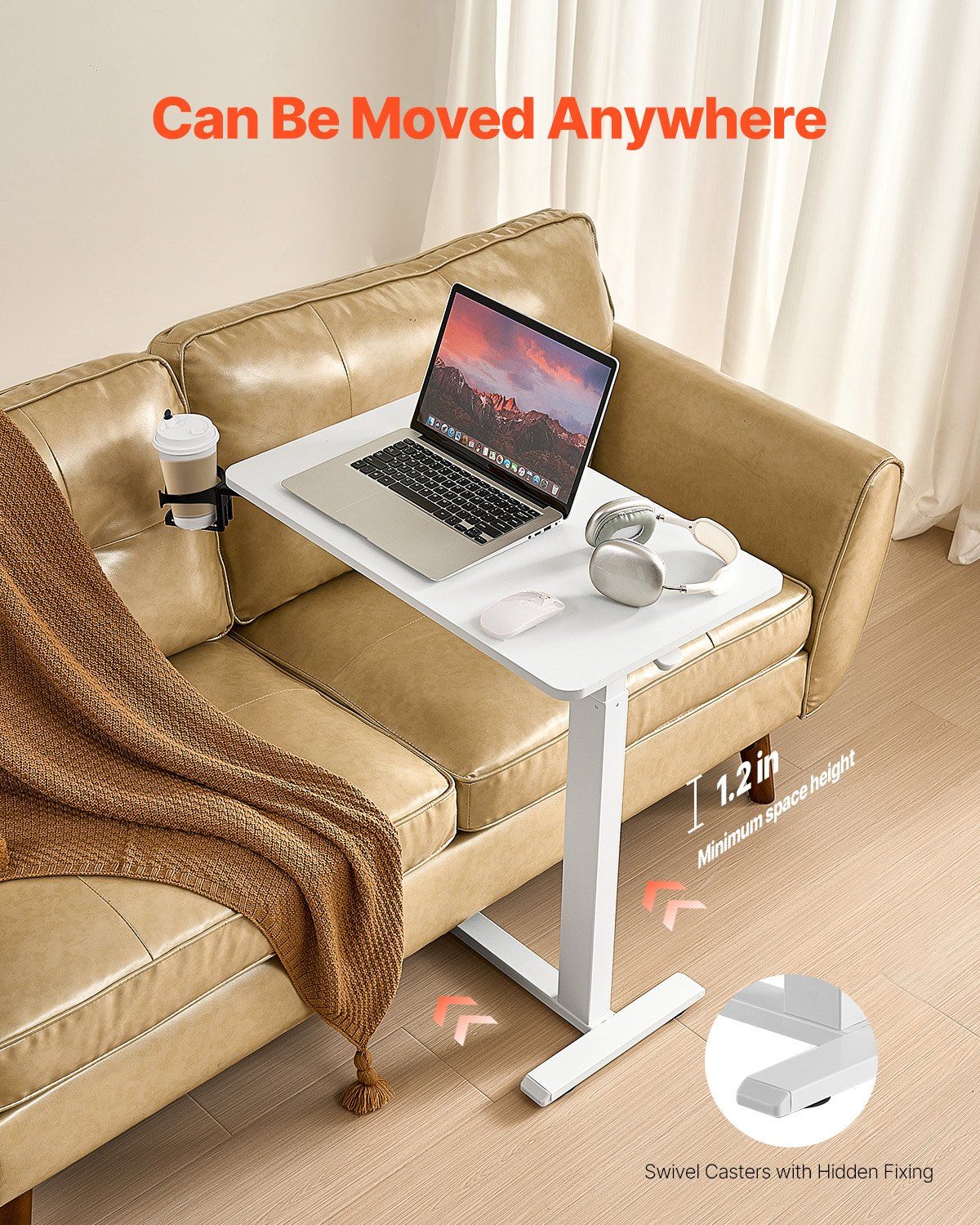 VEVOR Overbed Table, Mobile Bed Side Table with 4 Hidden Wheels, Height Adjustable Rolling Laptop Desk with Cup Holder, Portable Particleboard Over Bed Desk for Home, Office, Study, White