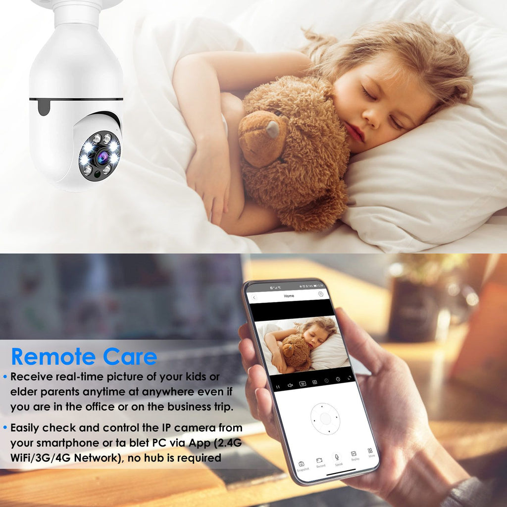 E27 WiFi Bulb Digital Camera 1080P FHD WiFi IP Pan Tilt Security Surveillance Camera with Two-Way Audio Night Vision Motion Detection Function APP Control