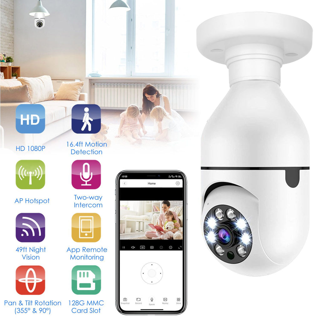 E27 WiFi Bulb Digital Camera 1080P FHD WiFi IP Pan Tilt Security Surveillance Camera with Two-Way Audio Night Vision Motion Detection Function APP Control