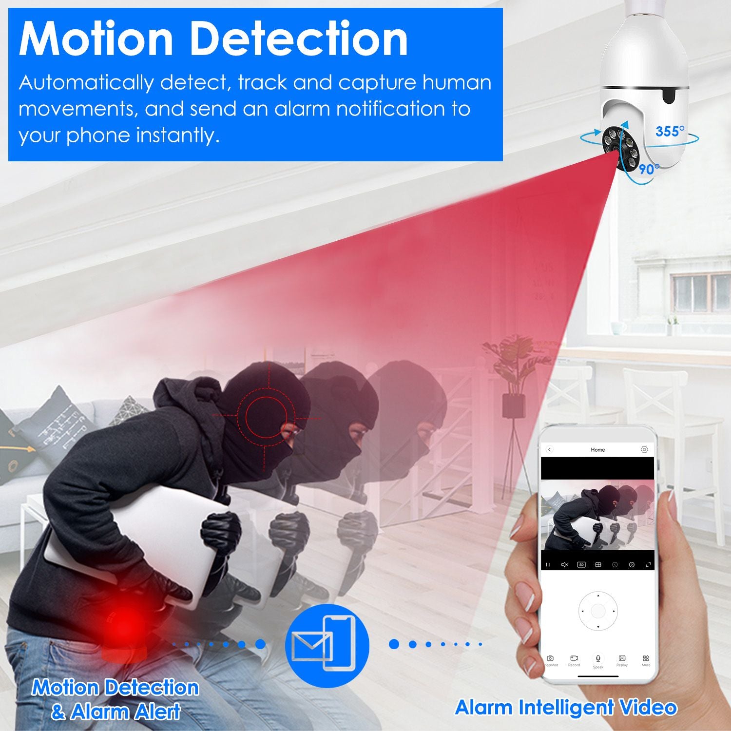 E27 WiFi Bulb Digital Camera 1080P FHD WiFi IP Pan Tilt Security Surveillance Camera with Two-Way Audio Night Vision Motion Detection Function APP Control