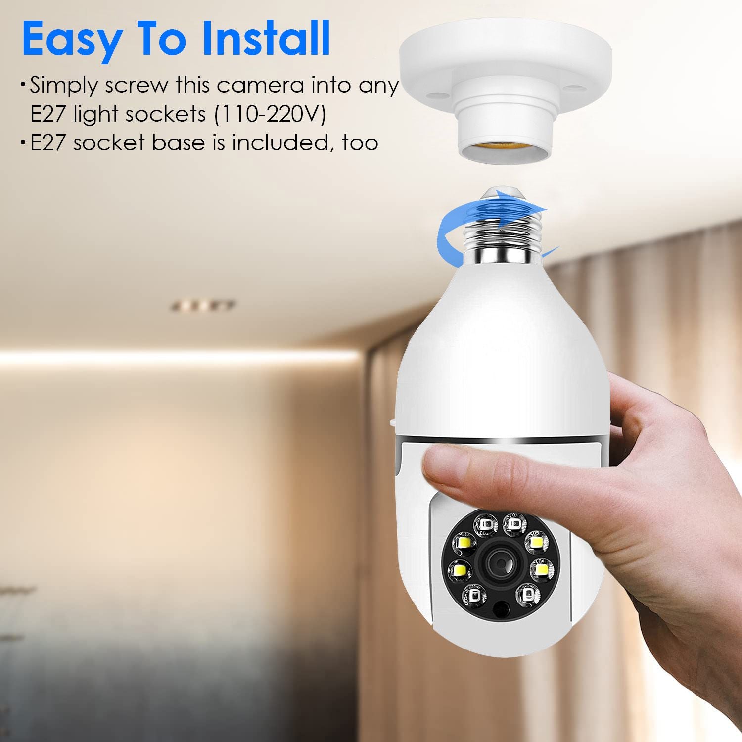 E27 WiFi Bulb Digital Camera 1080P FHD WiFi IP Pan Tilt Security Surveillance Camera with Two-Way Audio Night Vision Motion Detection Function APP Control