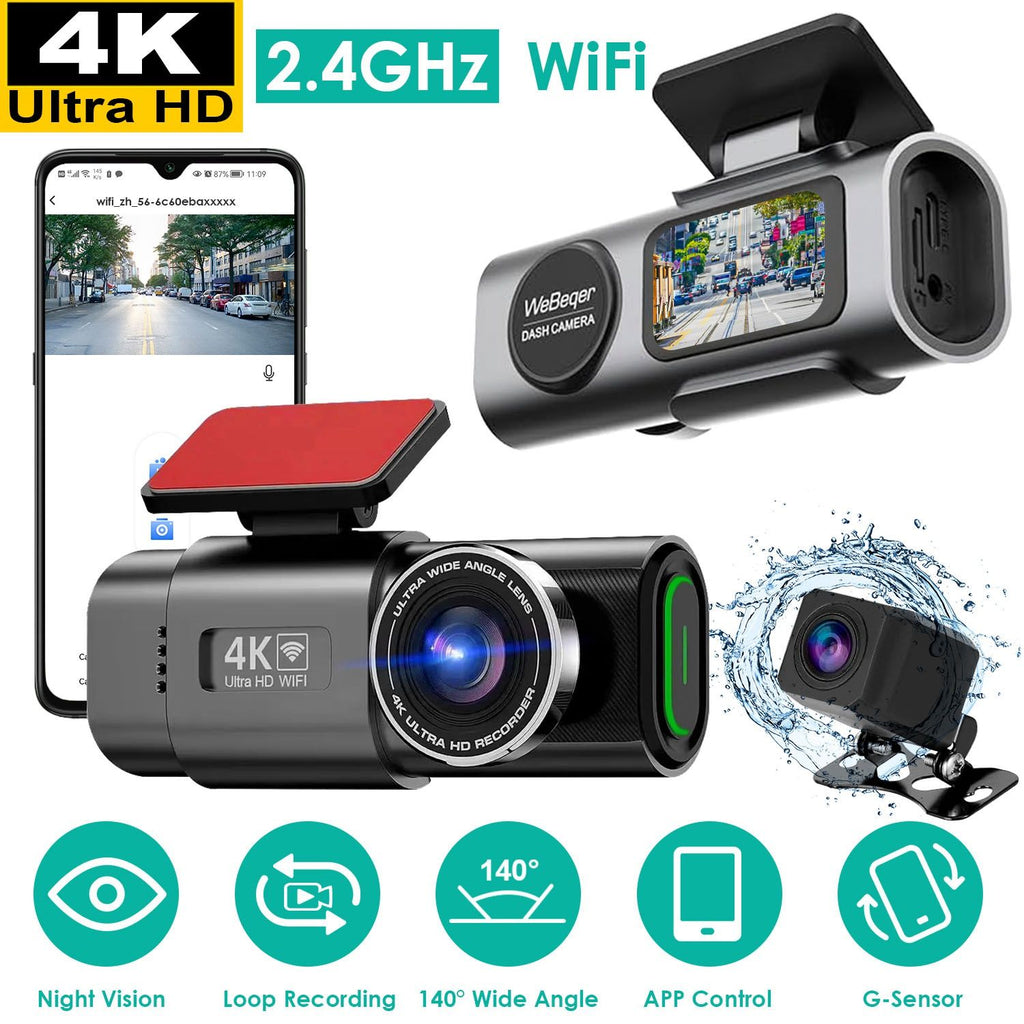 4K Front + 1080P Rear Mini Dash Cam w/ WiFi & Free 64 GB Card | 140°/120° Wide-Angle Loop Recording | G-Sensor, Night Vision, Aluminum Alloy | Easy Install Car Camera
