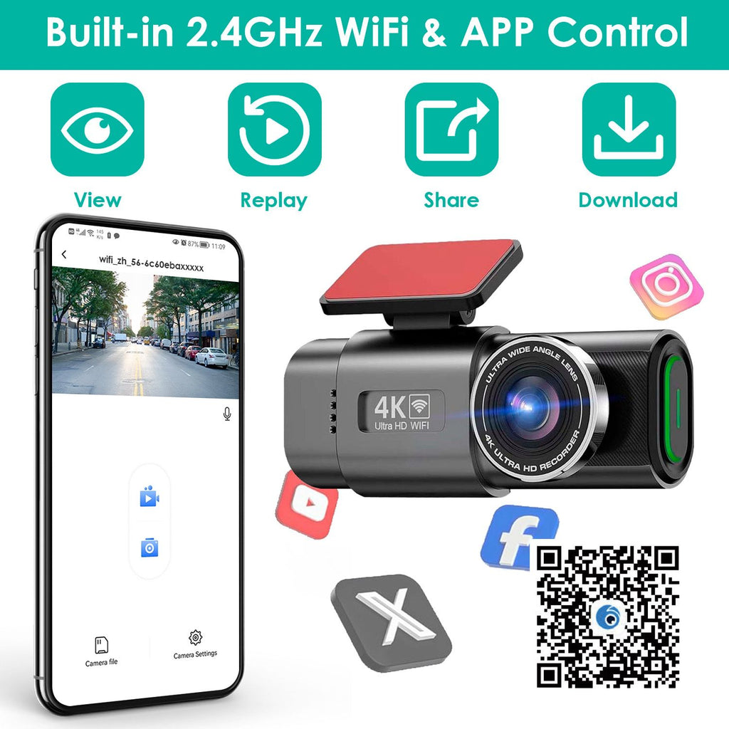 4K Front + 1080P Rear Mini Dash Cam w/ WiFi & Free 64 GB Card | 140°/120° Wide-Angle Loop Recording | G-Sensor, Night Vision, Aluminum Alloy | Easy Install Car Camera