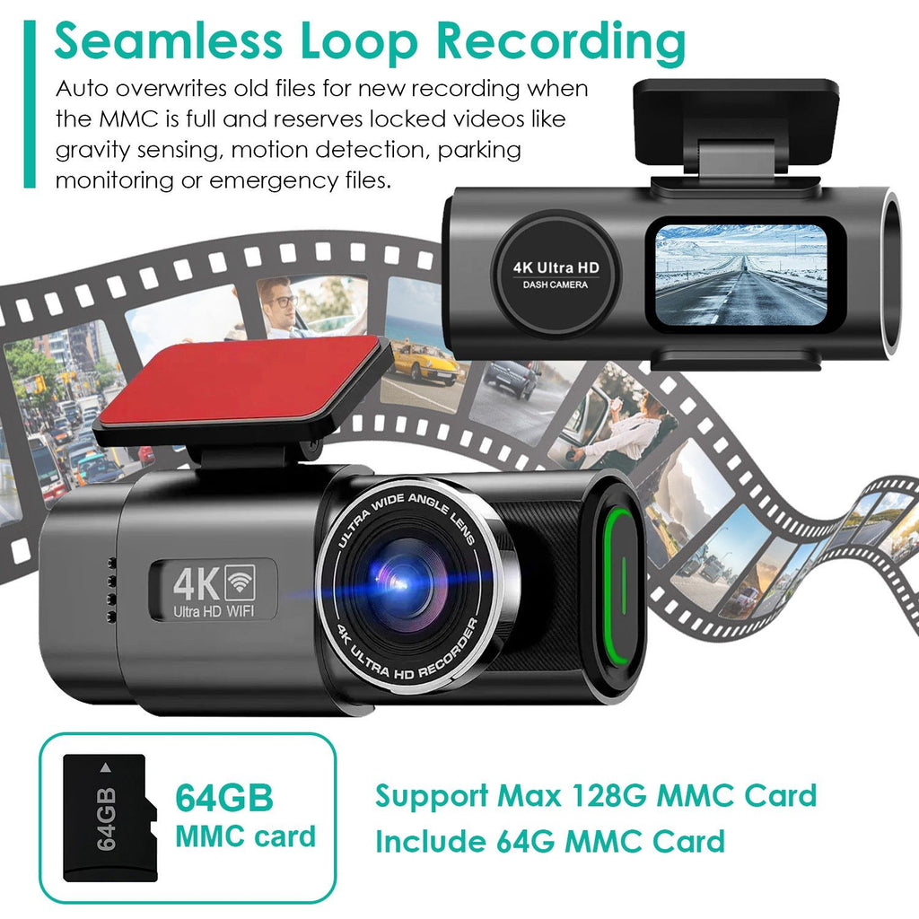4K Front + 1080P Rear Mini Dash Cam w/ WiFi & Free 64 GB Card | 140°/120° Wide-Angle Loop Recording | G-Sensor, Night Vision, Aluminum Alloy | Easy Install Car Camera