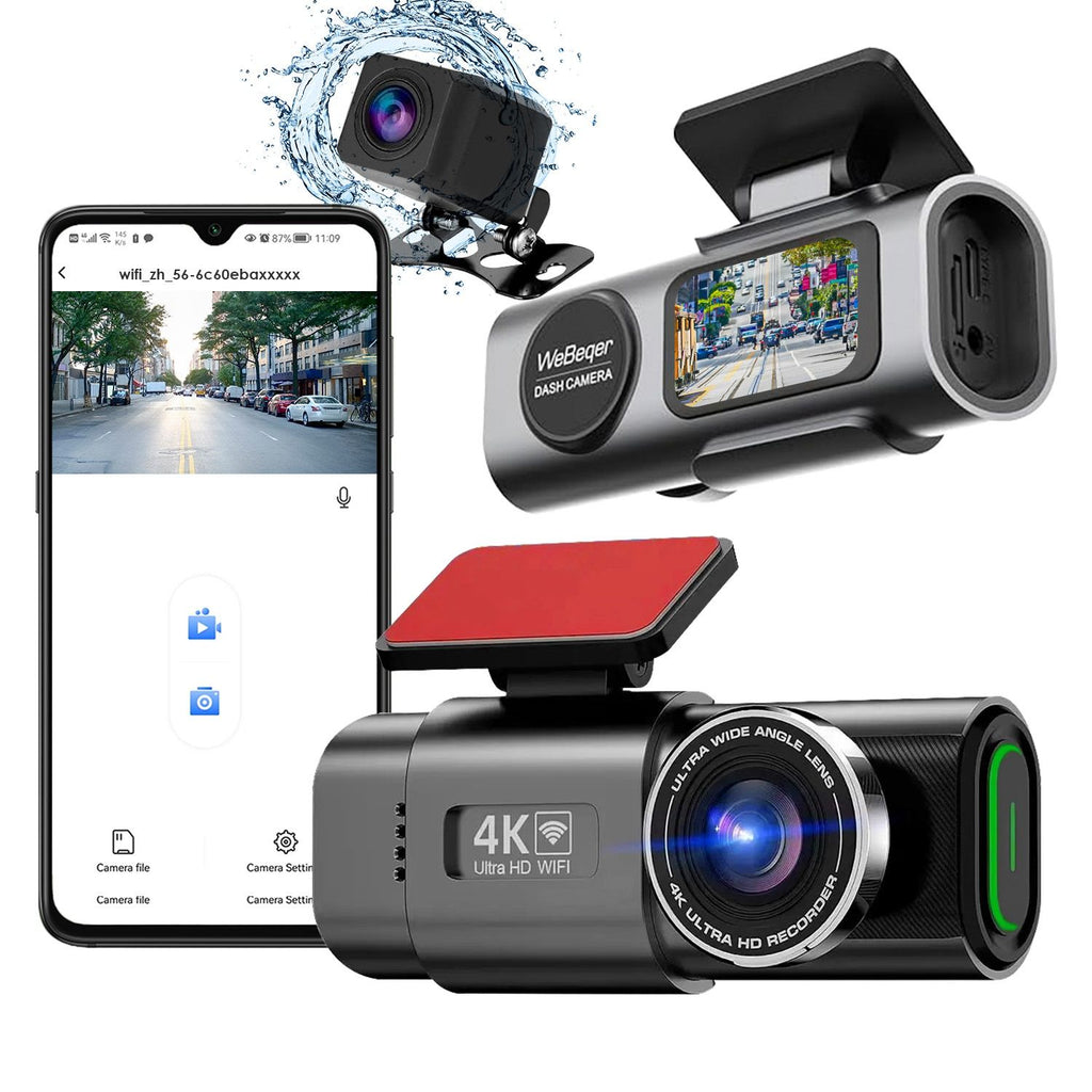 4K Front + 1080P Rear Mini Dash Cam w/ WiFi & Free 64 GB Card | 140°/120° Wide-Angle Loop Recording | G-Sensor, Night Vision, Aluminum Alloy | Easy Install Car Camera