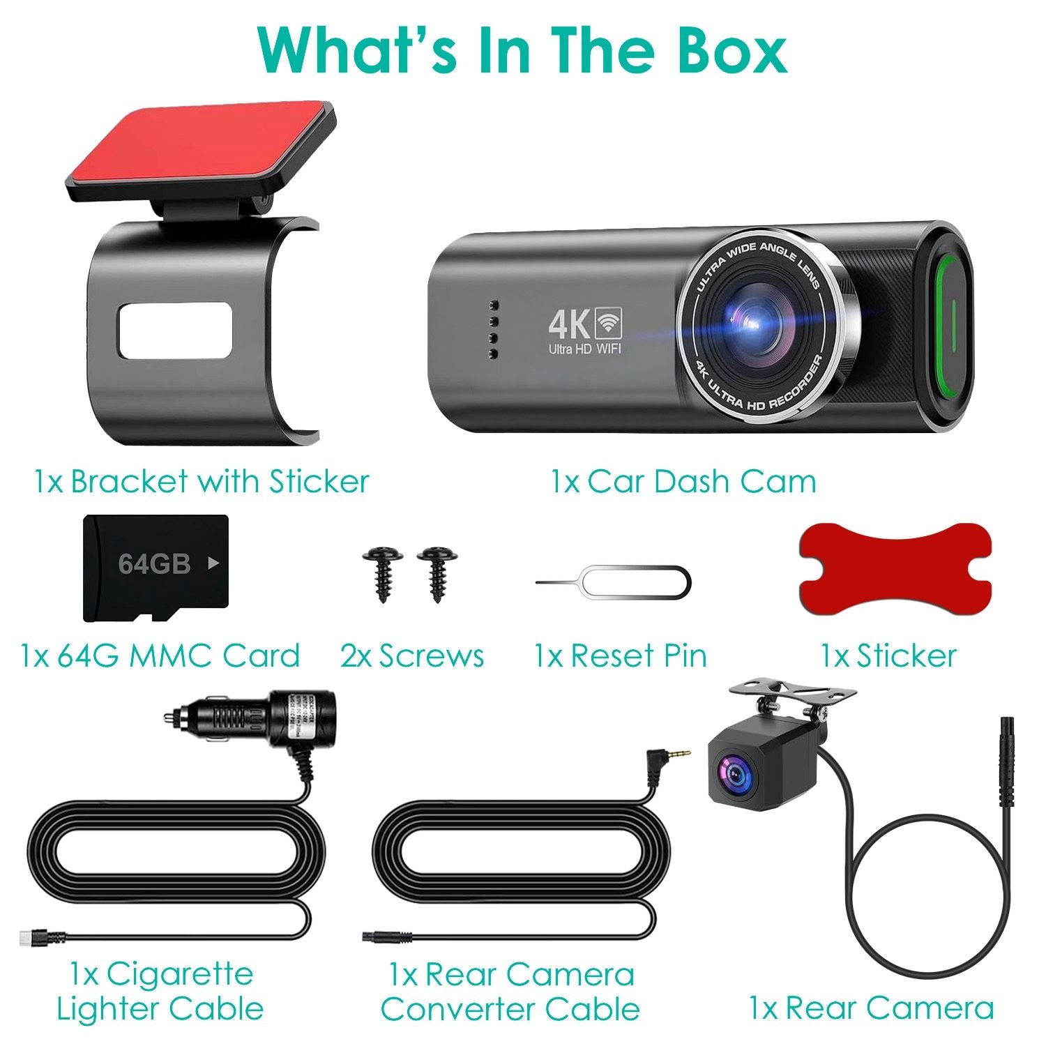 4K Front + 1080P Rear Mini Dash Cam w/ WiFi & Free 64 GB Card | 140°/120° Wide-Angle Loop Recording | G-Sensor, Night Vision, Aluminum Alloy | Easy Install Car Camera