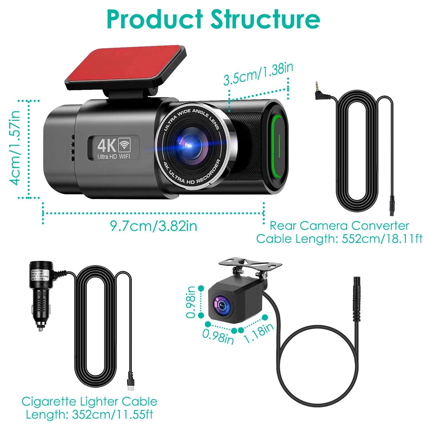 4K Front + 1080P Rear Mini Dash Cam w/ WiFi & Free 64 GB Card | 140°/120° Wide-Angle Loop Recording | G-Sensor, Night Vision, Aluminum Alloy | Easy Install Car Camera