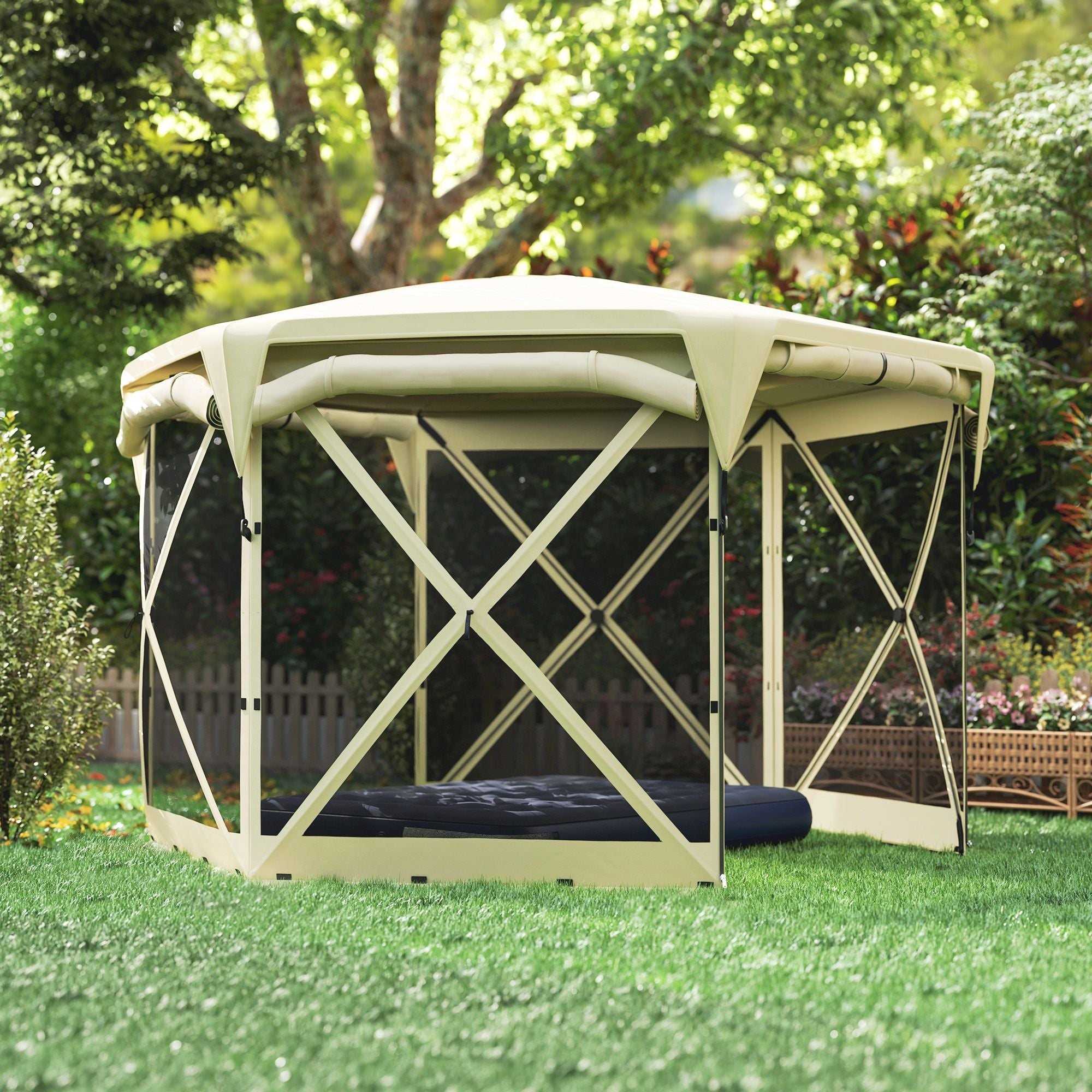 11 x 11ft Pop Up Gazebo Screen Tent with Removable Roof Cover, Roll-up Wind Panels for Camping, Backyard, Beige