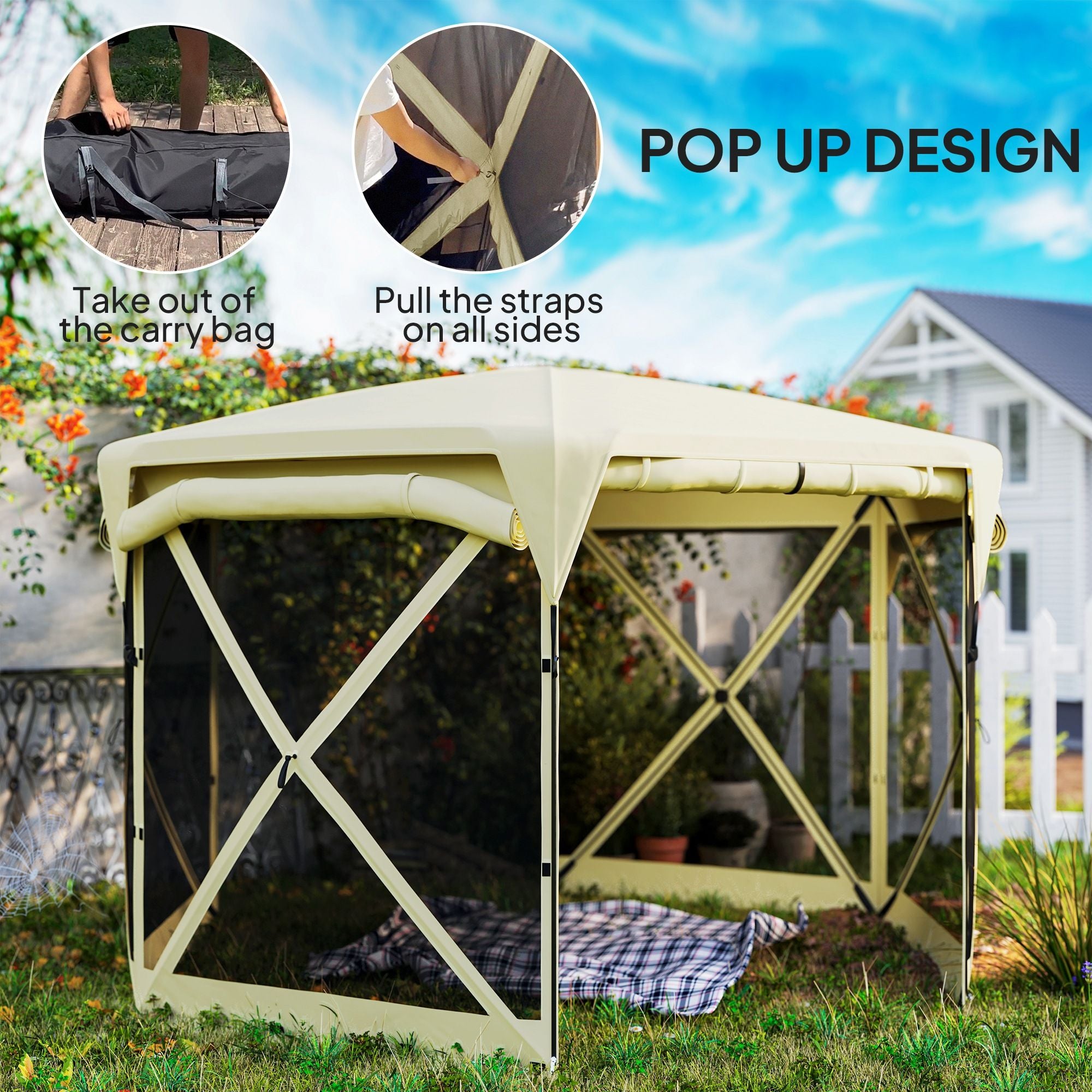 11 x 11ft Pop Up Gazebo Screen Tent with Removable Roof Cover, Roll-up Wind Panels for Camping, Backyard, Beige