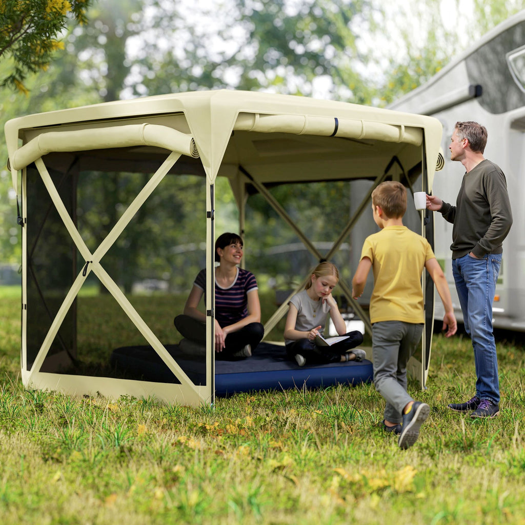 11 x 11ft Pop Up Gazebo Screen Tent with Removable Roof Cover, Roll-up Wind Panels for Camping, Backyard, Beige