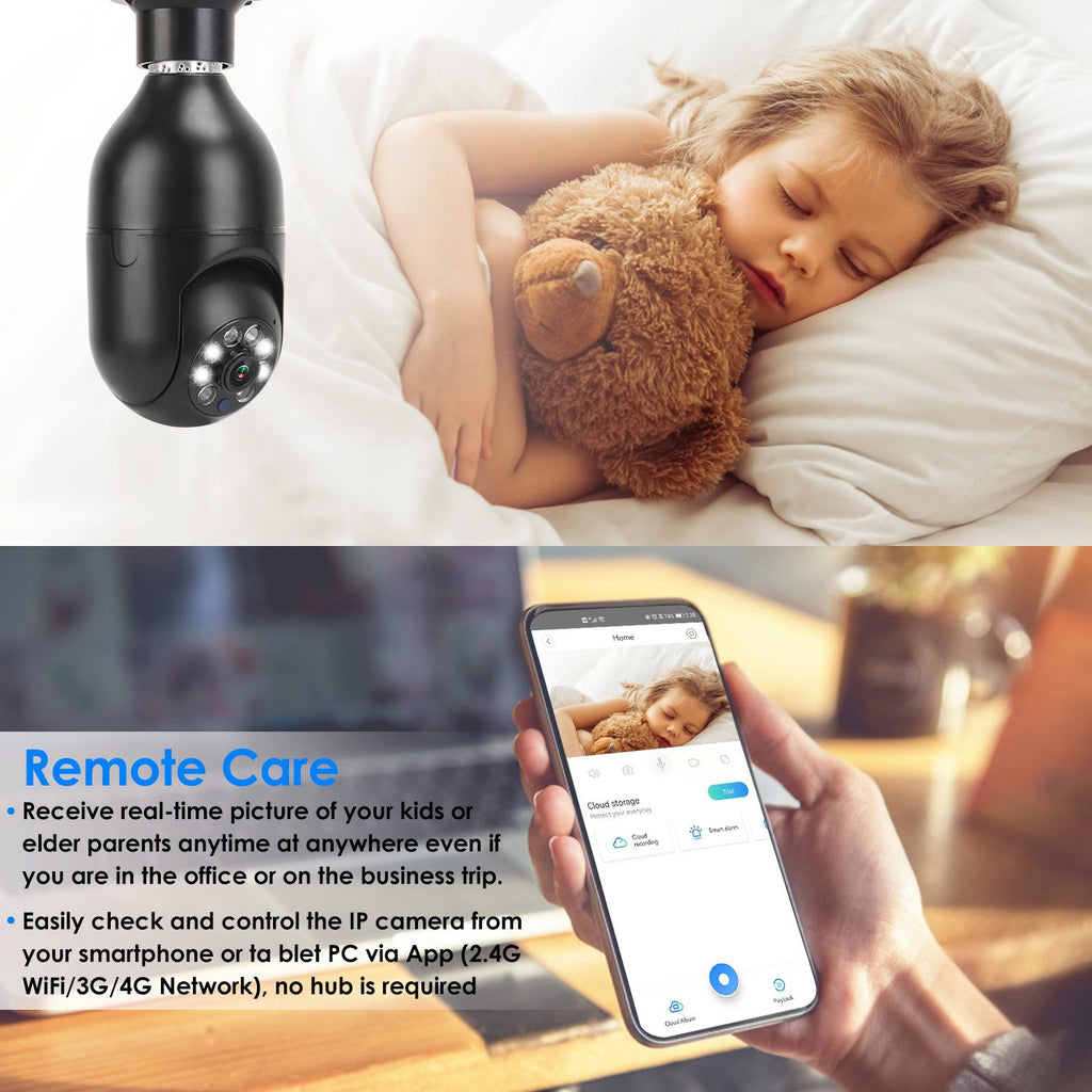E27 WiFi Bulb Digital Camera 1080P FHD WiFi IP Pan Tilt Security Surveillance Camera with Two-Way Audio Night Vision Motion Detection Function APP Control