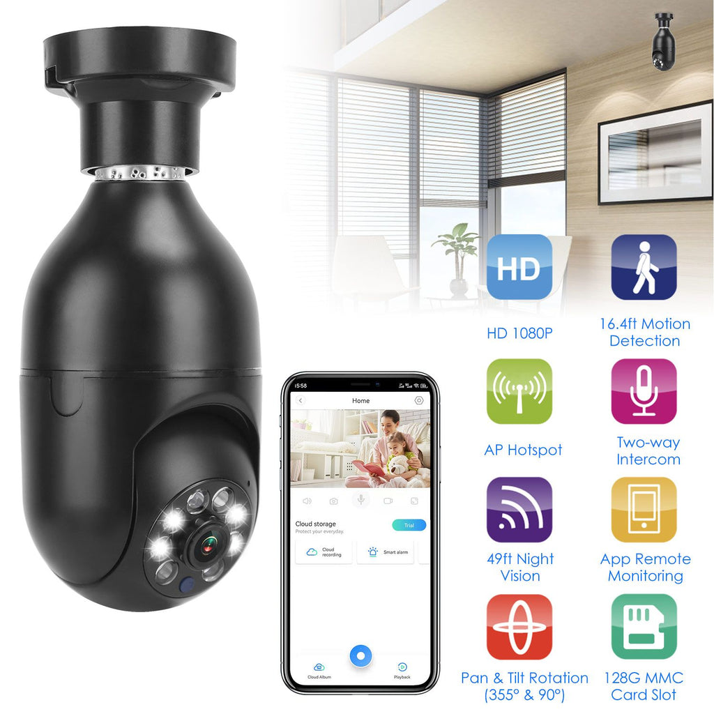 E27 WiFi Bulb Digital Camera 1080P FHD WiFi IP Pan Tilt Security Surveillance Camera with Two-Way Audio Night Vision Motion Detection Function APP Control