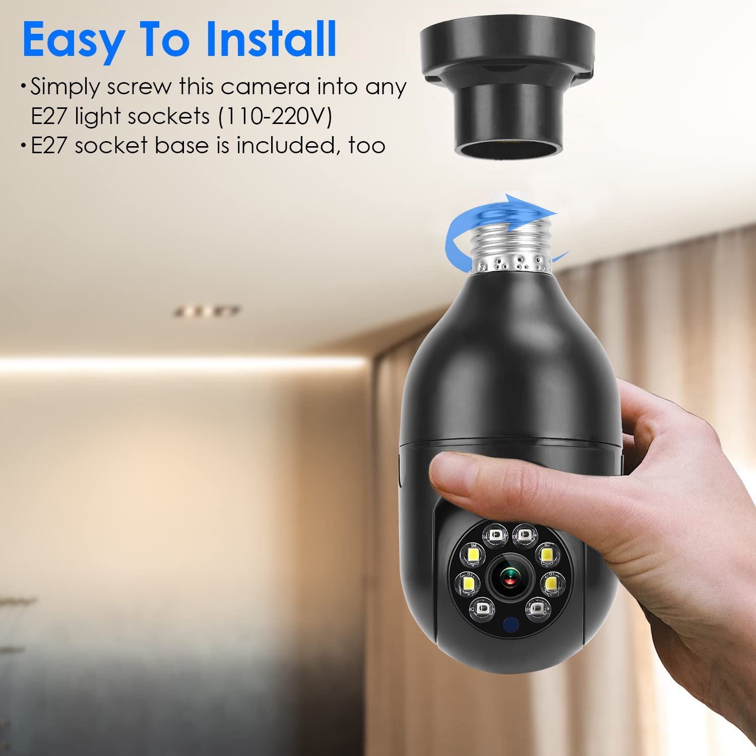 E27 WiFi Bulb Digital Camera 1080P FHD WiFi IP Pan Tilt Security Surveillance Camera with Two-Way Audio Night Vision Motion Detection Function APP Control
